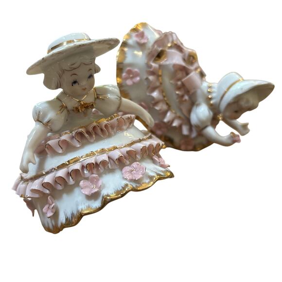 Lefton Bloomer Girls by Geo Z Figurine Gold Pink Dress 50s Victorian FLAW READ - Picture 2 of 13